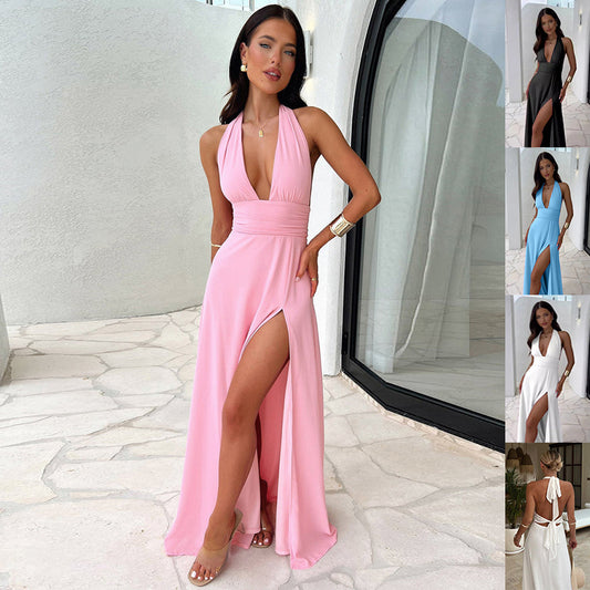 Halter neck V-neck Slit Dress Summer Backless Strappy Skirt Fashion Temperament Clothing Women