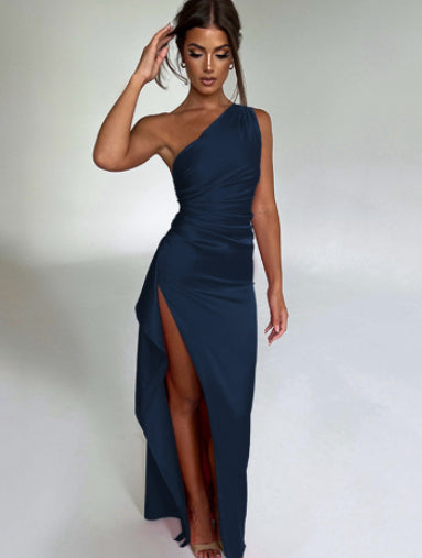 One-shoulder Backless Slit Dress Summer Elegant Slim-fit Solid Color Satin Dresses for Women