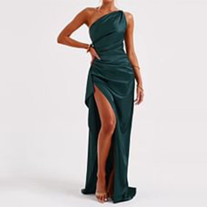 One-shoulder Backless Slit Dress Summer Elegant Slim-fit Solid Color Satin Dresses for Women