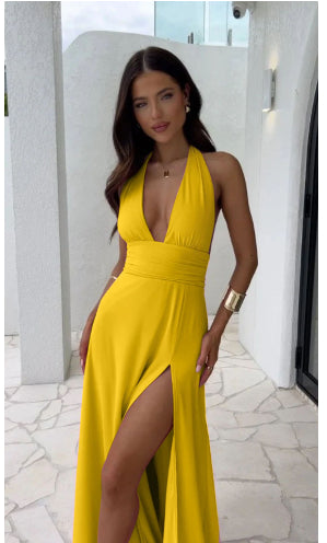 Halter neck V-neck Slit Dress Summer Backless Strappy Skirt Fashion Temperament Clothing Women